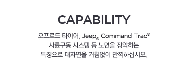오프로드 타이어, 사륜구동 시스텝 등 노면을 장악하는 특징으로 대자연을 거침없이 만끽하십시오.